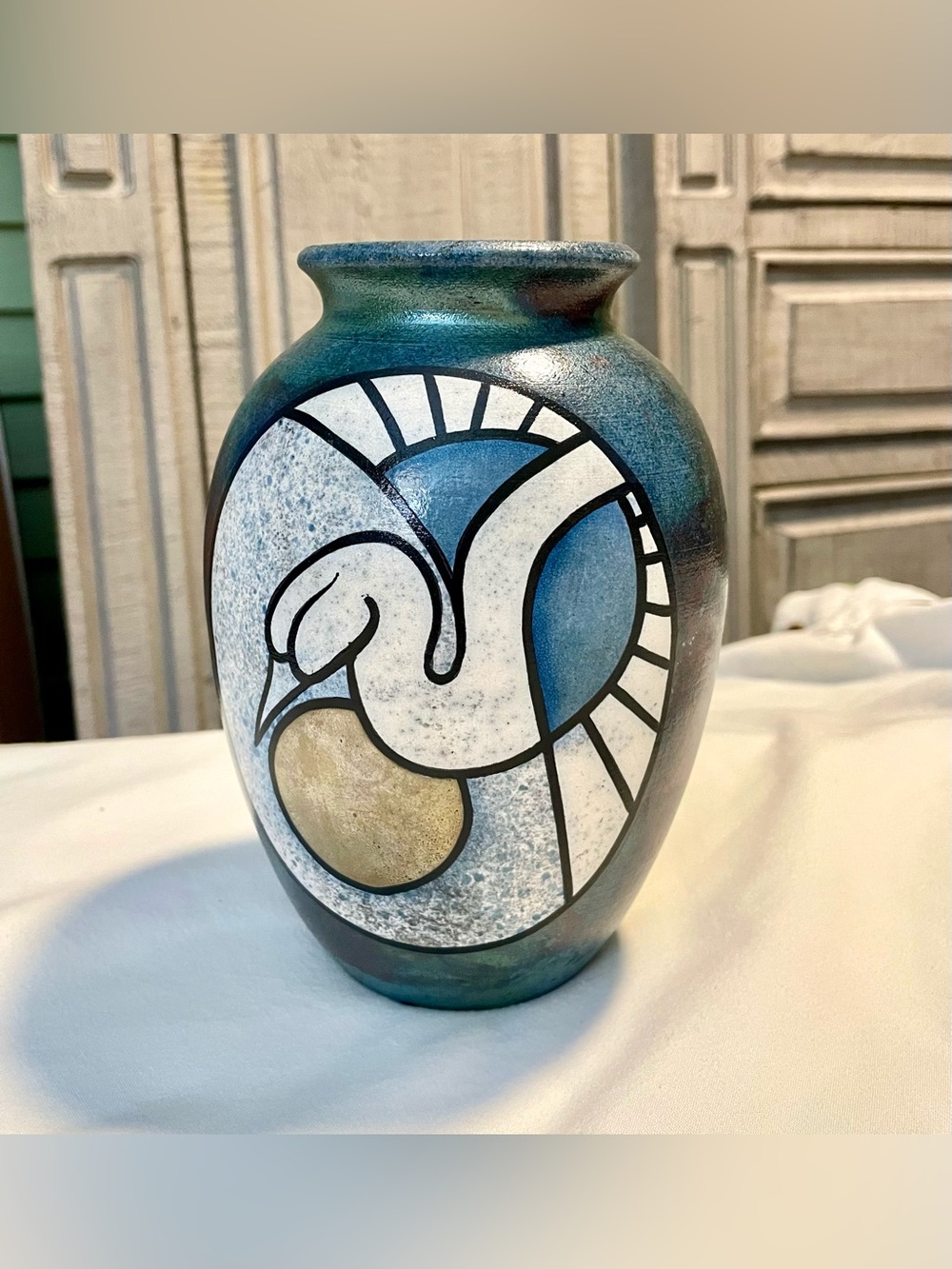 Braemar Raku Pottery Vase -Signed Crane & Sun-Blue/ Copper-Metallic Glaze-Canada